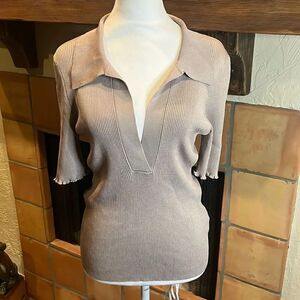 Good American Taupe Ribbed Knit Collared Short Sleeve Sweater, size XL!